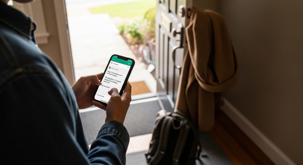 Une personne en train d’envoyer un message à un ami pour lui communiquer l’adresse et l’heure du rendez-vous avant de sortir, téléphone à la main et manteau sur le bras, prête à partir.