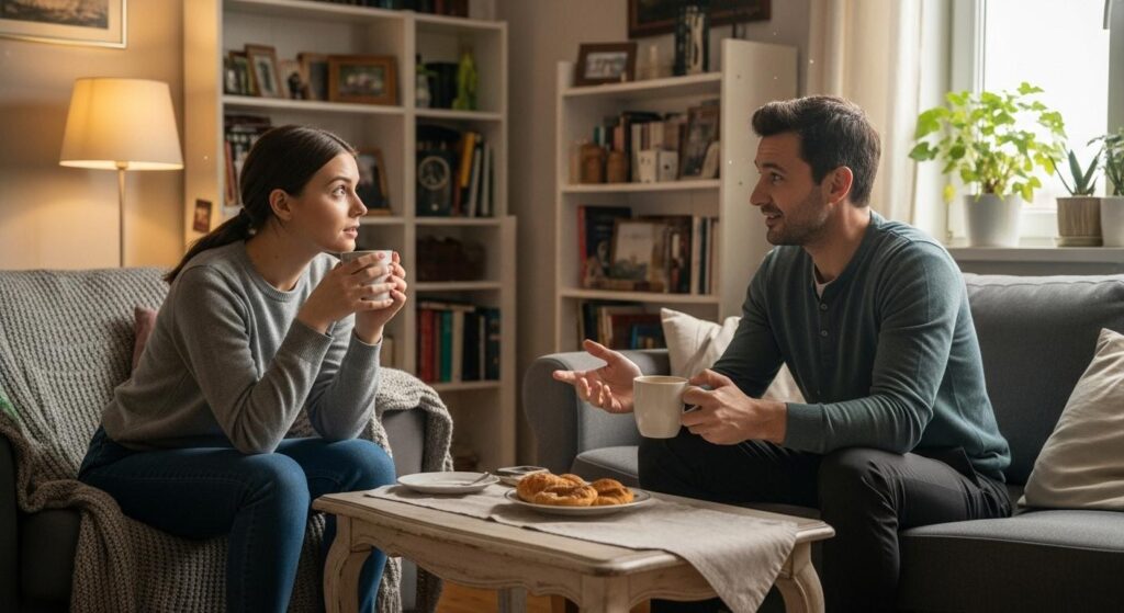 Deux personnes assises dans un salon chaleureux, en pleine conversation détendue autour d’un café, l’une découvrant pour la première fois l’univers de l’autre dans un appartement soigneusement rangé.