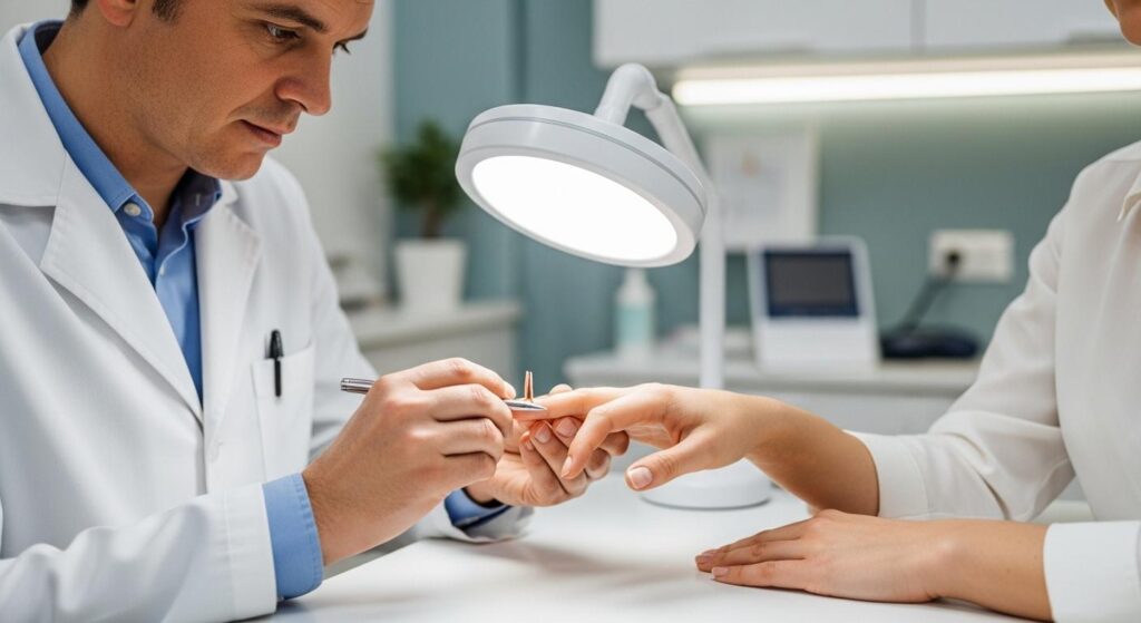 Un professionnel de santé examine le doigt d’une patiente, observant attentivement un ongle fendu verticalement sous une lumière blanche dans un cabinet médical moderne.