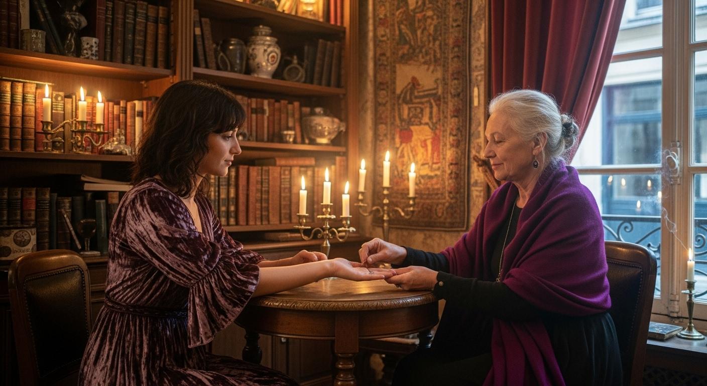Une femme assise dans un salon de chiromancie parisien, tendant sa main ouverte vers une chiromancienne âgée, entourée d’étagères de livres anciens et de bougies, dans une atmosphère feutrée de confidence.