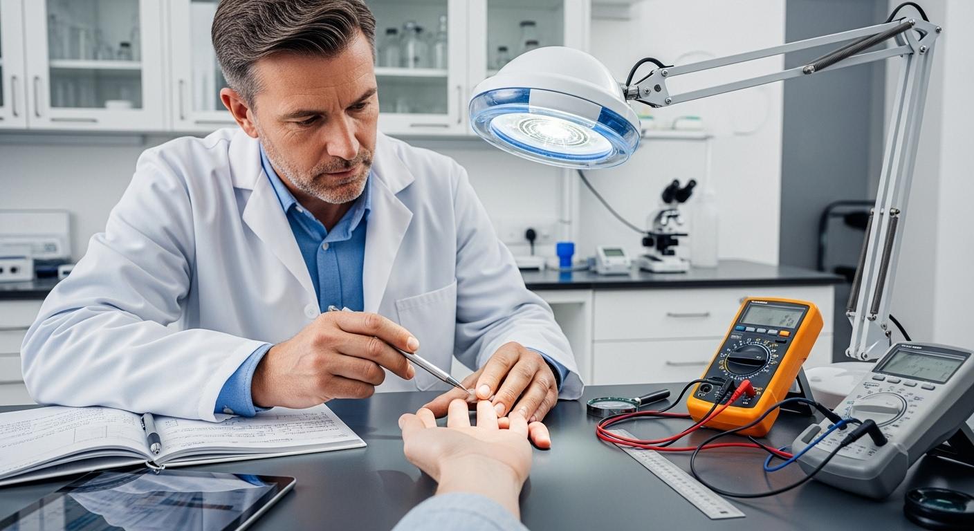 Un scientifique en blouse blanche observe attentivement une main posée à plat sur une table, sous une lumière vive, avec des instruments de mesure et des carnets de notes scientifiques à proximité, dans un laboratoire moderne.