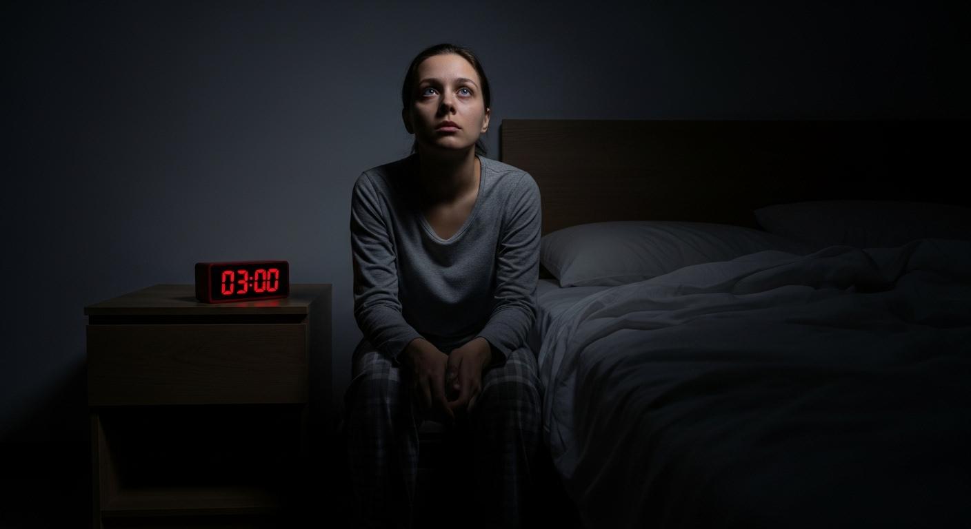 Une chambre sombre à 3h du matin, une personne assise sur le bord de son lit, les yeux ouverts, baignée par la lumière tamisée d’une horloge digitale indiquant 03:00, la pièce silencieuse suggérant un moment de réflexion profonde.