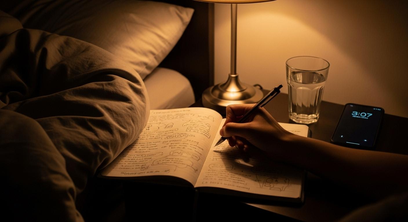 Une main écrivant dans un carnet à la lueur d’une lampe de chevet, sur une table de nuit, avec des pages où sont griffonnées des pensées nocturnes, illustrant la pratique de l’écriture intuitive après un réveil à 3h du matin.