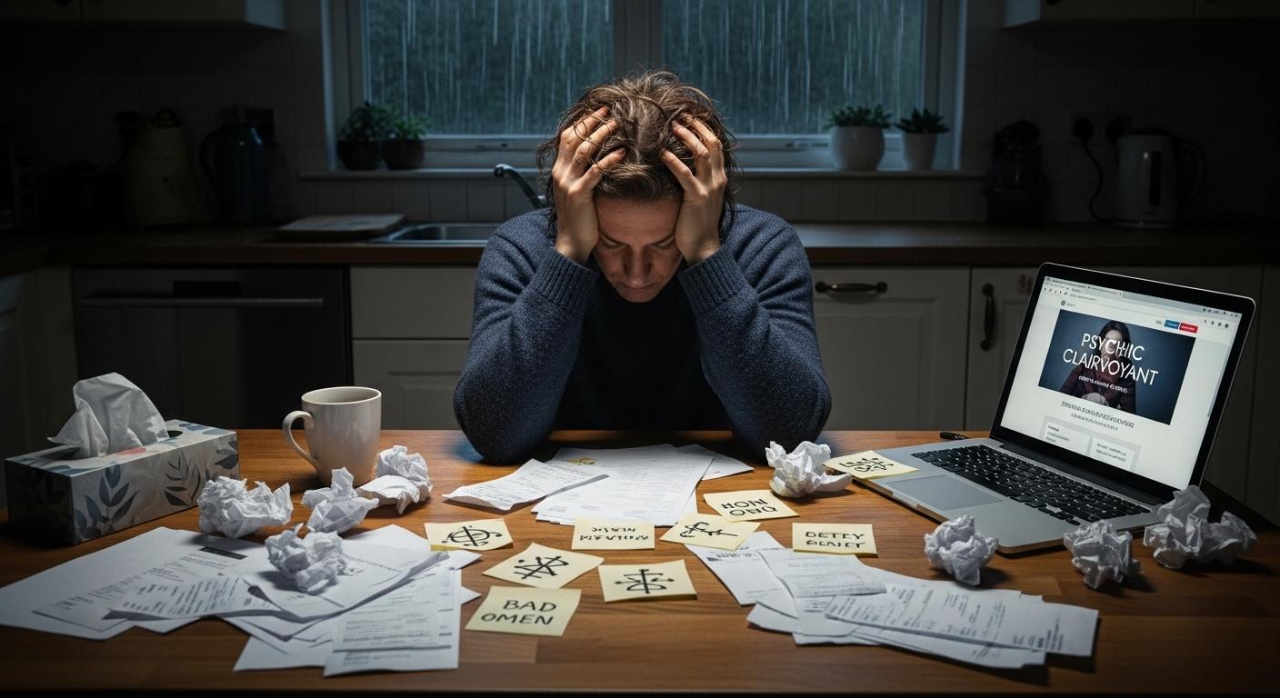 Une personne assise seule à la table de sa cuisine, la tête entre les mains, entourée de factures et de notes manuscrites, plongée dans l’inquiétude après plusieurs consultations de voyance.
