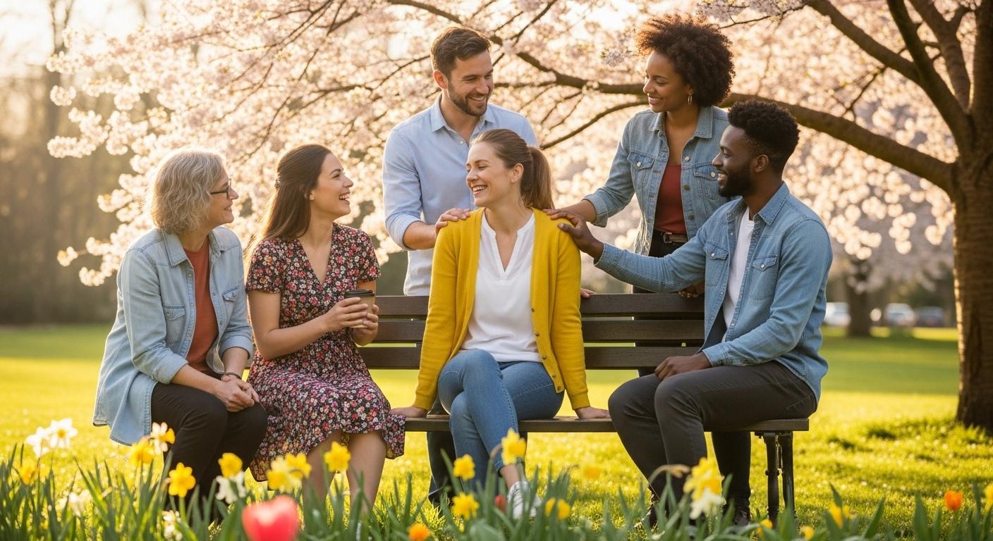 Une femme assise sur un banc dans un parc au printemps, entourée de quelques amis, souriant et profitant de la lumière du soleil, incarnant un nouveau départ après une période difficile.