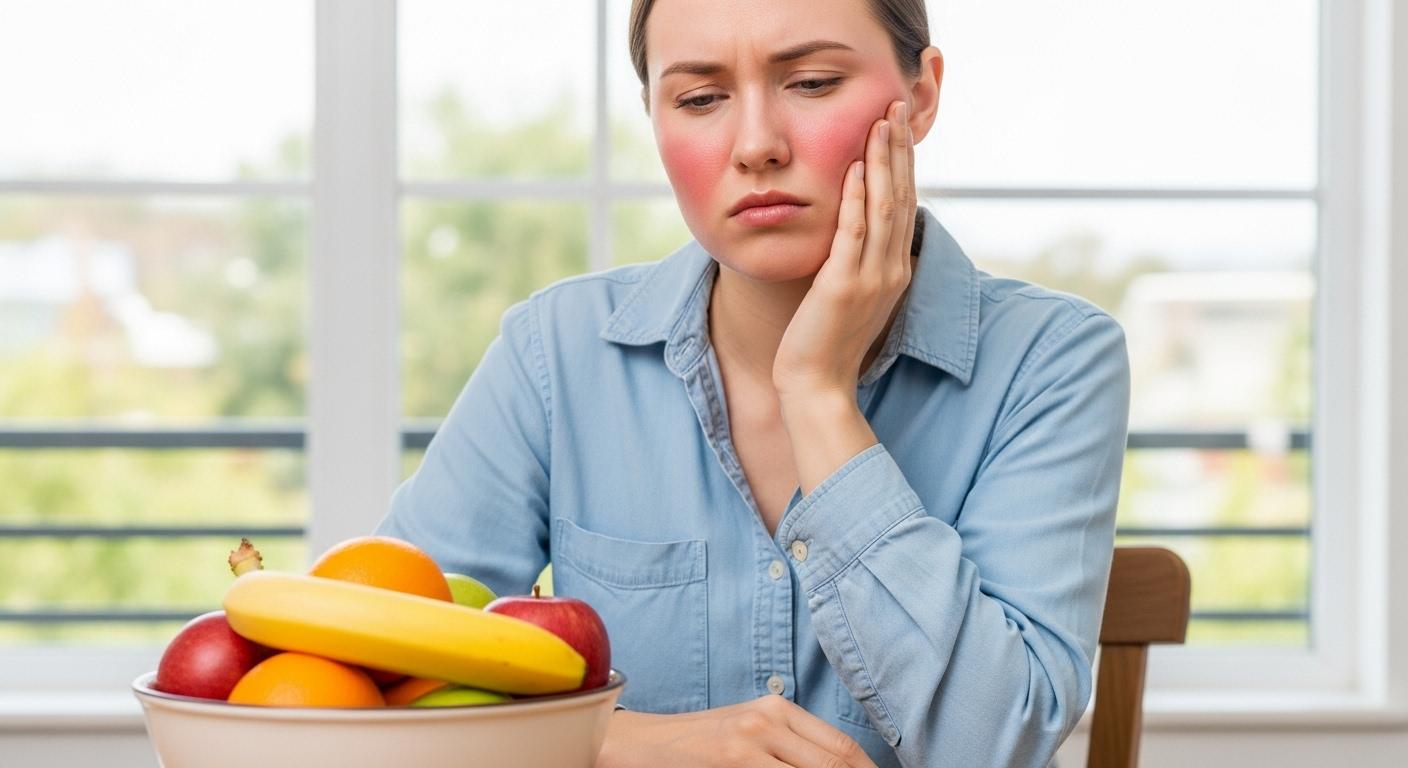 Une femme au visage clair assise devant une fenêtre, le visage légèrement rougi, se touche la joue avec une expression d’inconfort, tandis qu’un bol de fruits contenant une banane est posé sur la table devant elle.