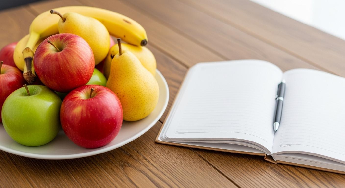 Sur une table en bois, un plateau présente des fruits variés : pommes et poires bien fraîches, une banane mûre à côté, tandis qu’un carnet ouvert avec un stylo suggère la tenue d’un journal alimentaire.