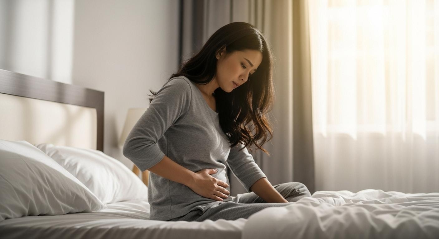 Une femme assise au bord de son lit, main posée sur son bas-ventre, l’air préoccupé, dans une chambre lumineuse du matin.