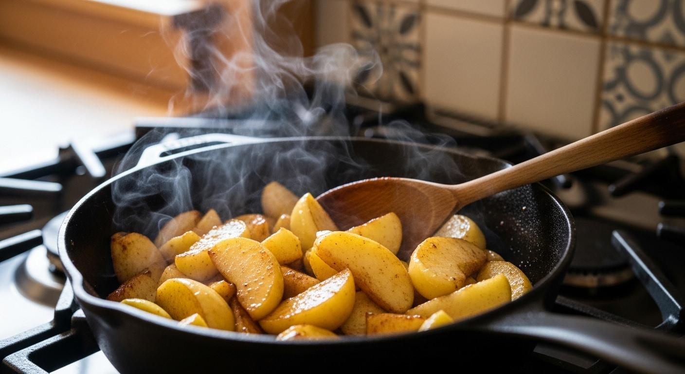 Une casserole sur le feu contenant des quartiers de pommes dorés et fondants, une cuillère en bois remuant, avec de la vapeur s’échappant dans une cuisine familiale.