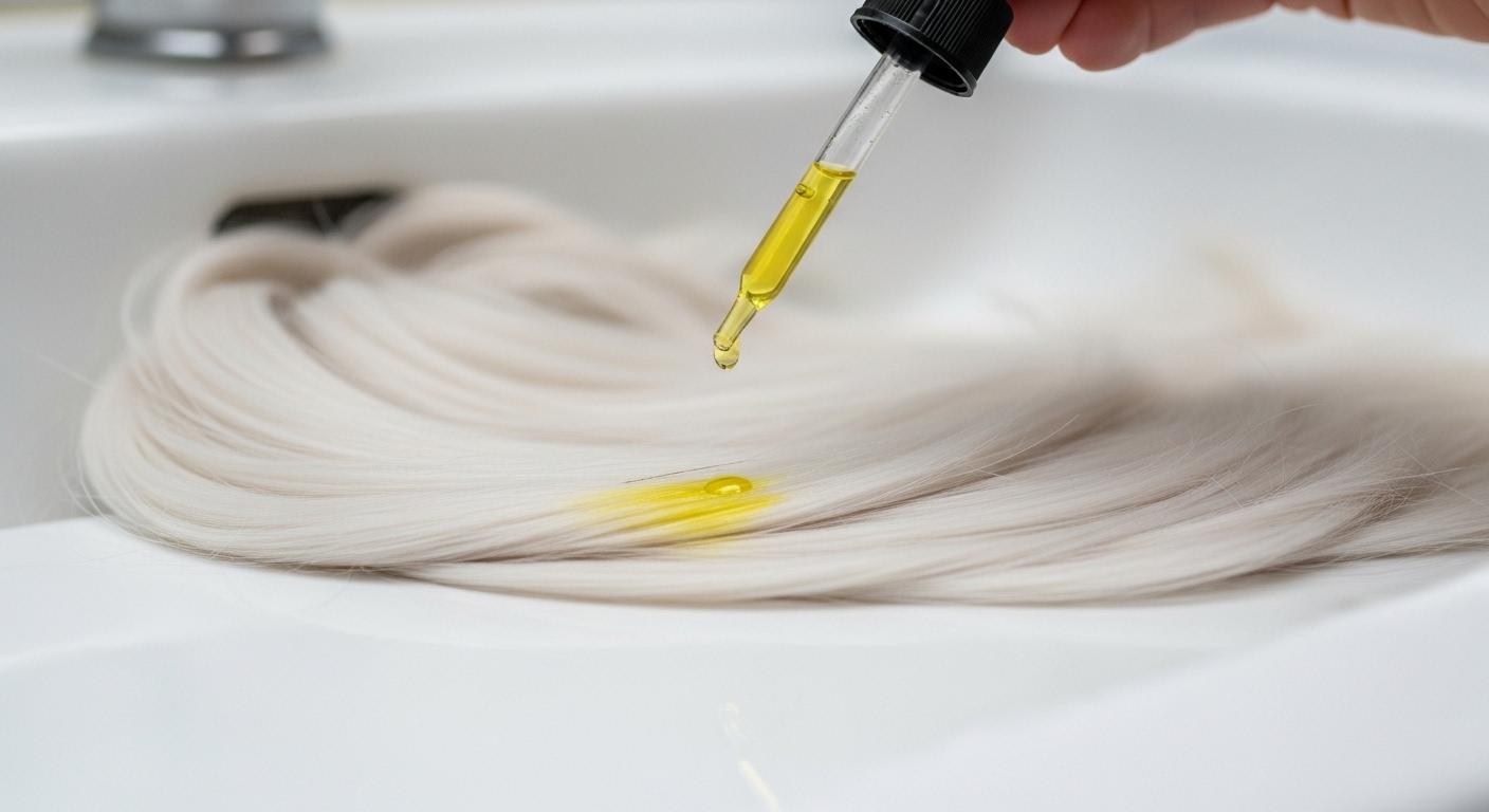 Une main verse une goutte de bétadine sur une mèche de cheveux blancs étalée sur un lavabo, la mèche blanchit puis jaunit sous l’effet du liquide.
