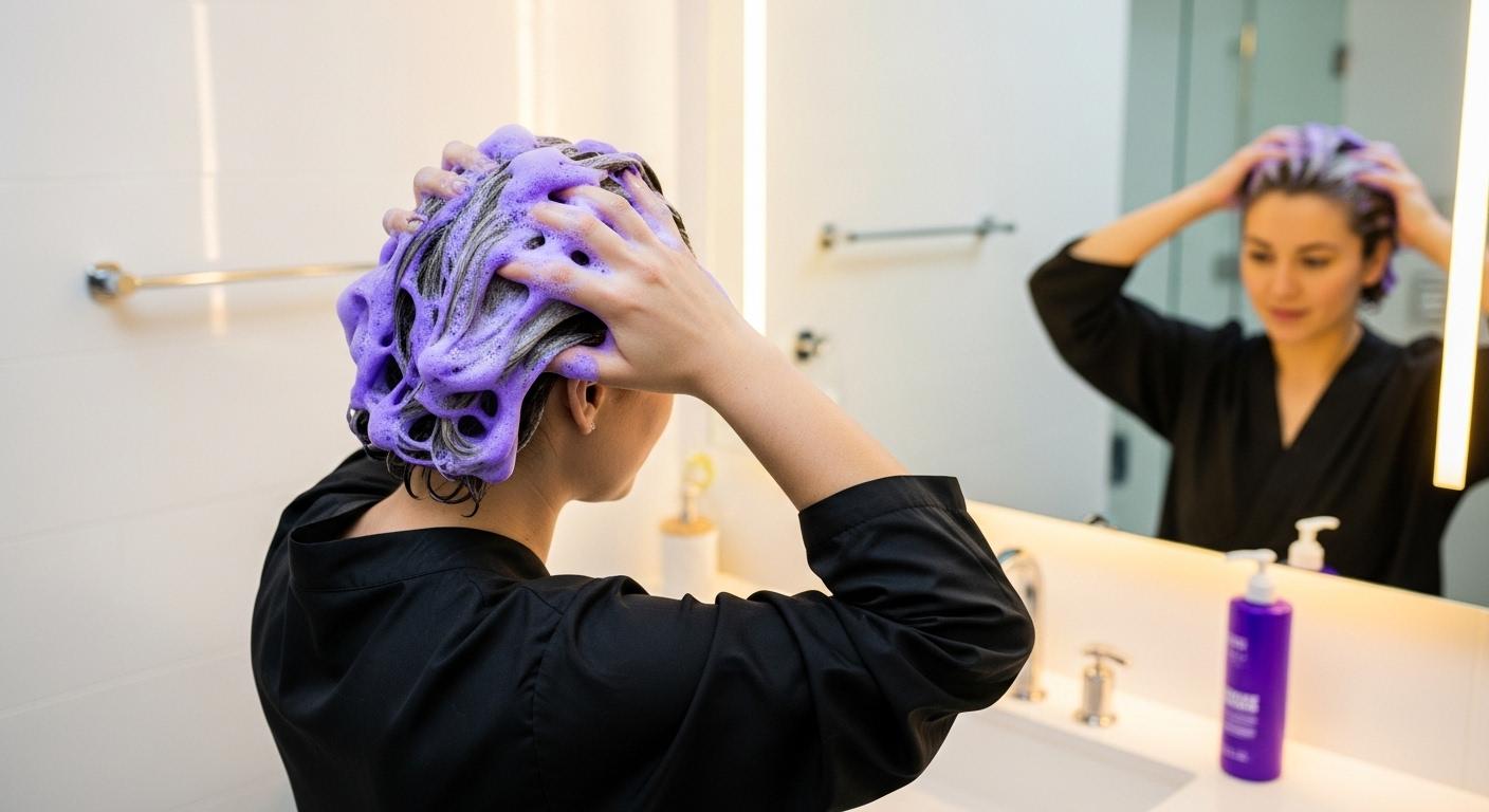 Une personne applique un shampooing violet sur ses cheveux blancs dans une salle de bain moderne, de la mousse violette recouvre la chevelure, reflétant l’effort pour atténuer la coloration.