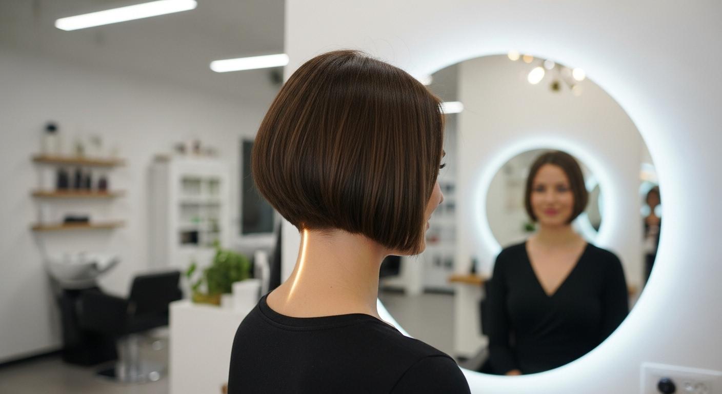 Une femme de profil, cheveux courts façon coupe boule, la nuque parfaitement dégagée, debout devant un miroir de salon de coiffure, la lumière mettant en valeur la ligne nette du cou.