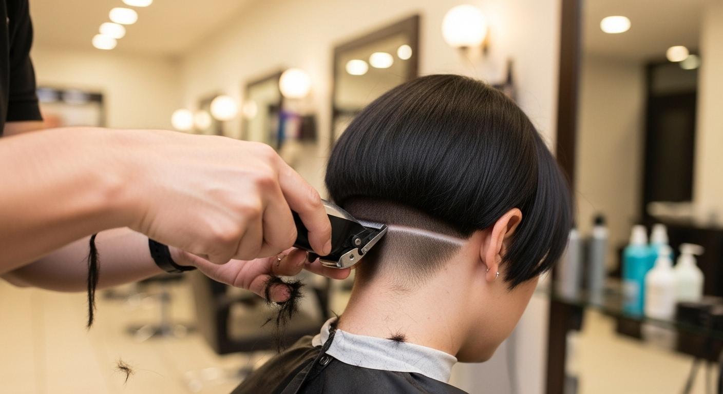Un coiffeur en train d’utiliser une tondeuse sur la nuque d’une cliente, la main experte dessinant une ligne nette, sous la lumière du salon, les cheveux coupés tombant délicatement au sol.