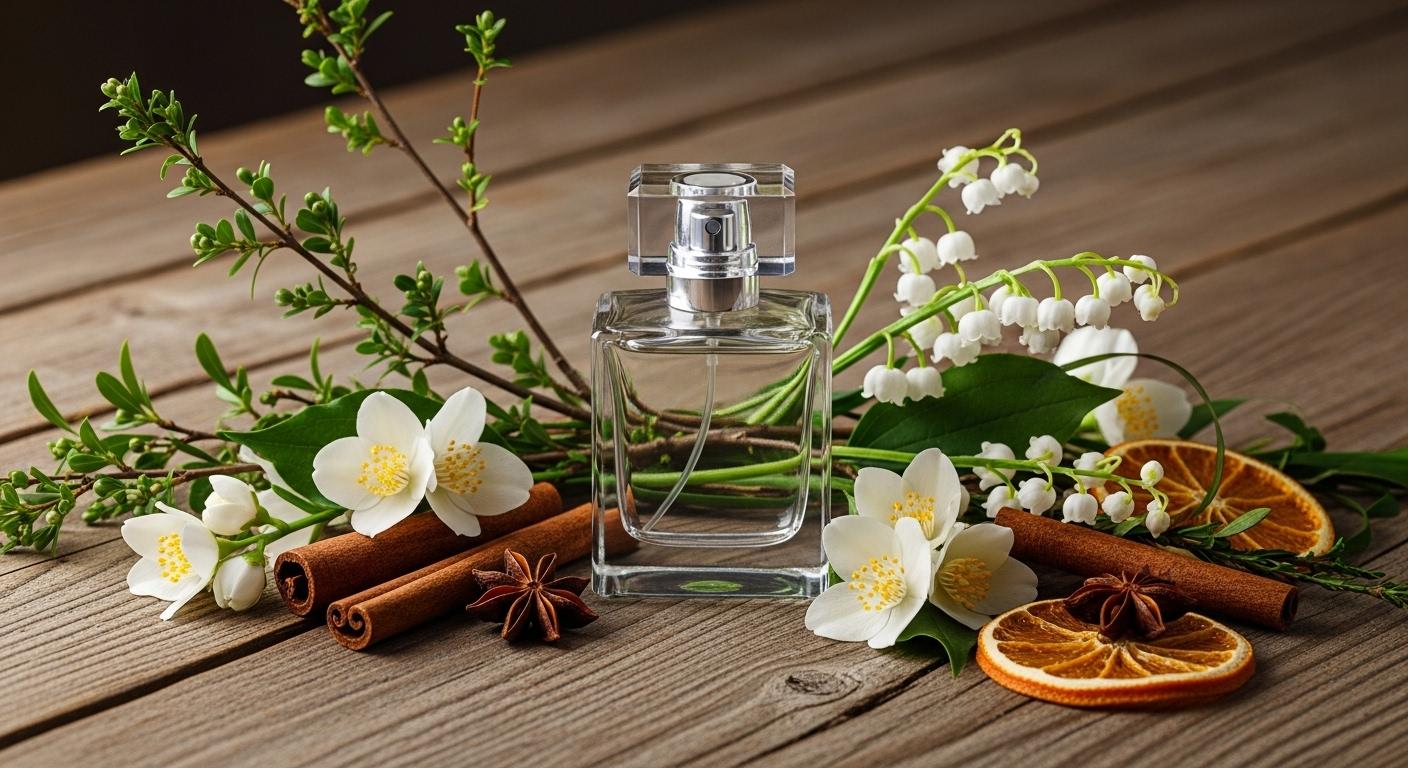 Un flacon de parfum en verre transparent posé sur une table en bois brut, entouré de fleurs fraîches, de branches de bois et d’épices naturelles, illustrant la pureté et la simplicité des ingrédients.