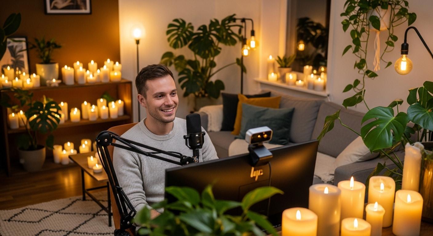 Un streamer en direct assis dans un salon chaleureux, décoré de plantes vertes, de bougies artisanales allumées et d’une lumière douce, créant une ambiance authentique et naturelle pour son audience.