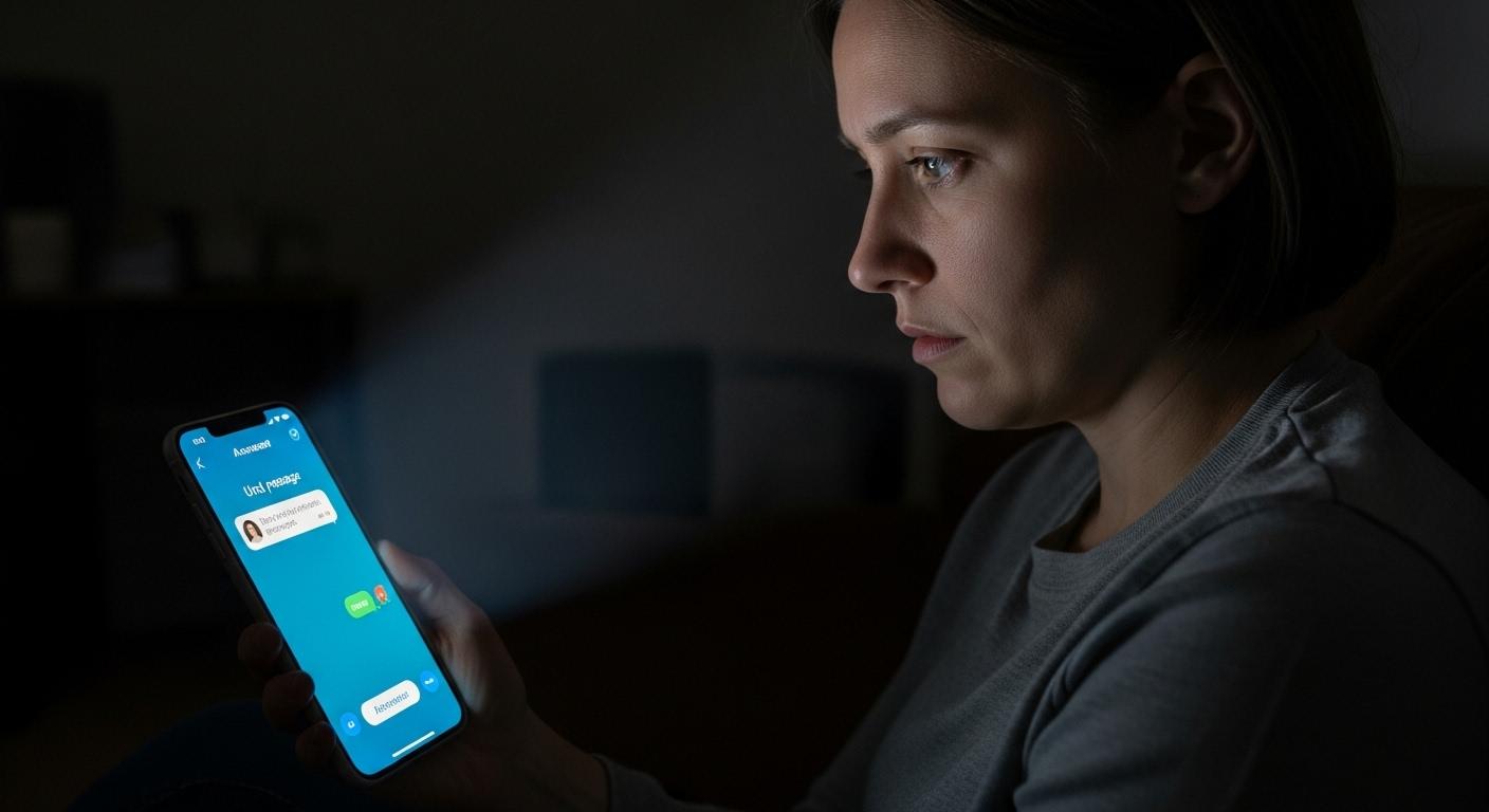 Une personne assise seule dans une pièce faiblement éclairée, fixant l’écran lumineux d’un téléphone portable affichant une conversation sans réponse, avec autour d’elle un silence pesant et un regard inquiet.