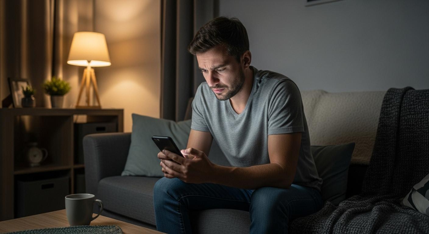 Un homme d’une trentaine d’années, assis sur un canapé, relisant sur son téléphone des messages échangés avec une personne absente, avec une expression de tristesse et de doute, dans une ambiance intime et quotidienne.