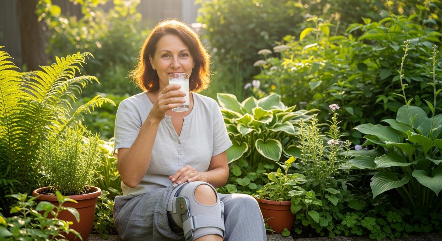 Une femme d'âge mûr assise dans son jardin, souriante, buvant un verre de kéfir à la main, des genoux protégés par une attelle légère, profitant du soleil du matin avec des plantes vertes autour d'elle.