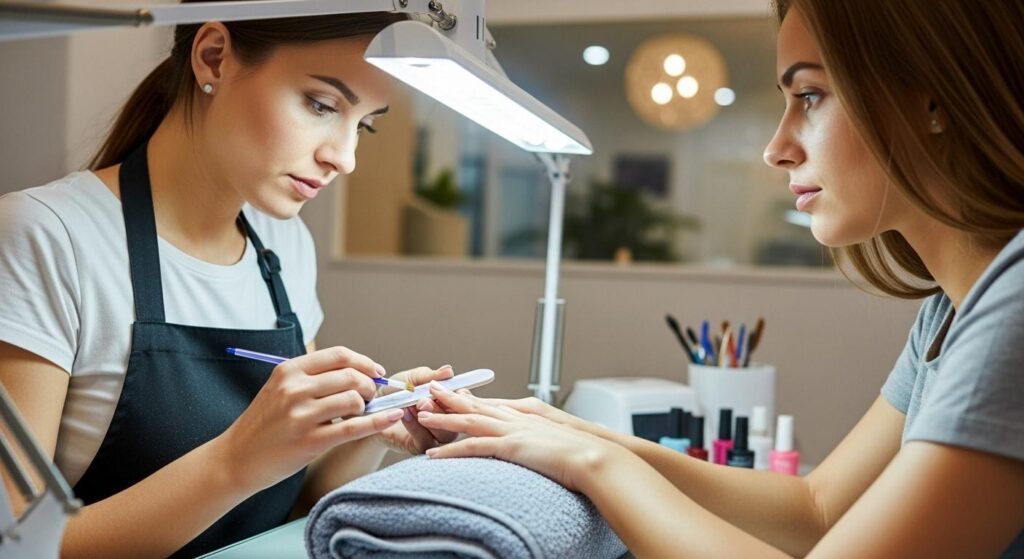 Une technicienne en manucure, minutieuse, prépare l’ongle naturel d’une cliente en limant et nettoyant soigneusement, sous la lumière d’une lampe de salon, tandis que la cliente regarde ses mains avec attention.