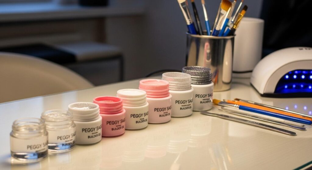 Plusieurs pots de gel de construction Peggy Sage de différentes tailles et textures, alignés sur une table d’un salon de manucure, avec des outils professionnels à côté et une lumière douce révélant l’éclat des produits.