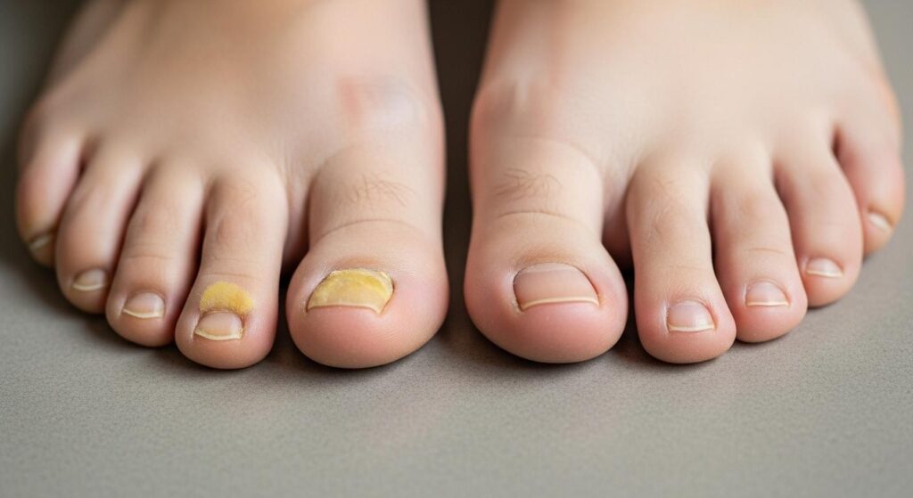 Gros plan sur un pied posé au sol, avec un ongle d’orteil visiblement épaissi, jauni et irrégulier, à côté d’un pied sain pour montrer la différence de couleur et d’épaisseur.