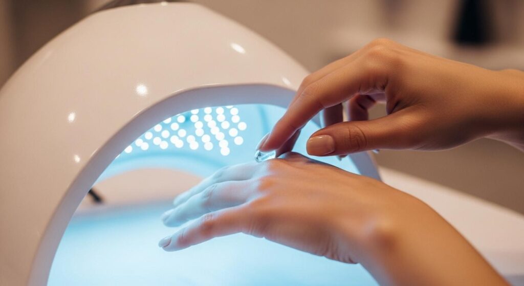Une main féminine retire lentement ses doigts d’une lampe à ongles UV, montrant des ongles brillants mais recouverts d’une fine couche collante, sous un éclairage de salon de beauté.