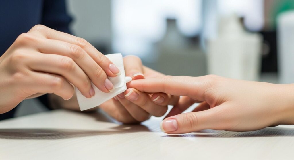 Deux mains féminines, l’une tenant un coton non pelucheux imbibé de cleaner, l’autre main posée sur la table, alors qu’on nettoie délicatement chaque ongle pour enlever la couche collante, dans une ambiance lumineuse de salon.