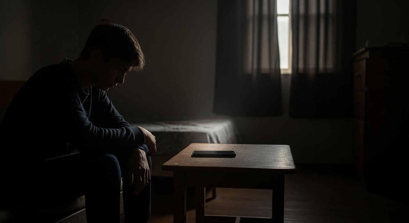 Une personne assise seule dans une chambre sombre, fixant l’écran éteint de son téléphone posé sur une table, entourée d’un silence palpable.