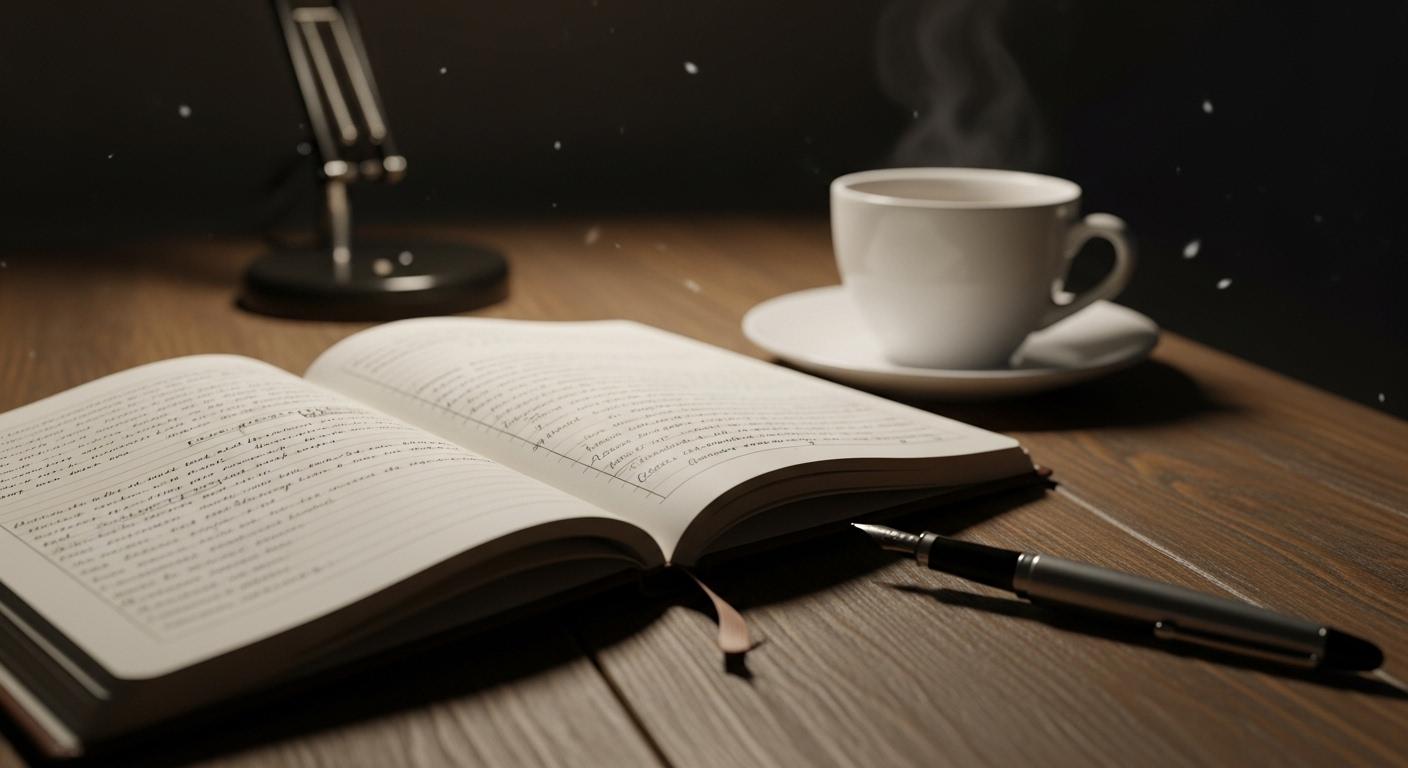 Un carnet ouvert sur une table, accompagné d’un stylo, des pages remplies de phrases manuscrites, signe que quelqu’un écrit pour extérioriser ses émotions dans la solitude.