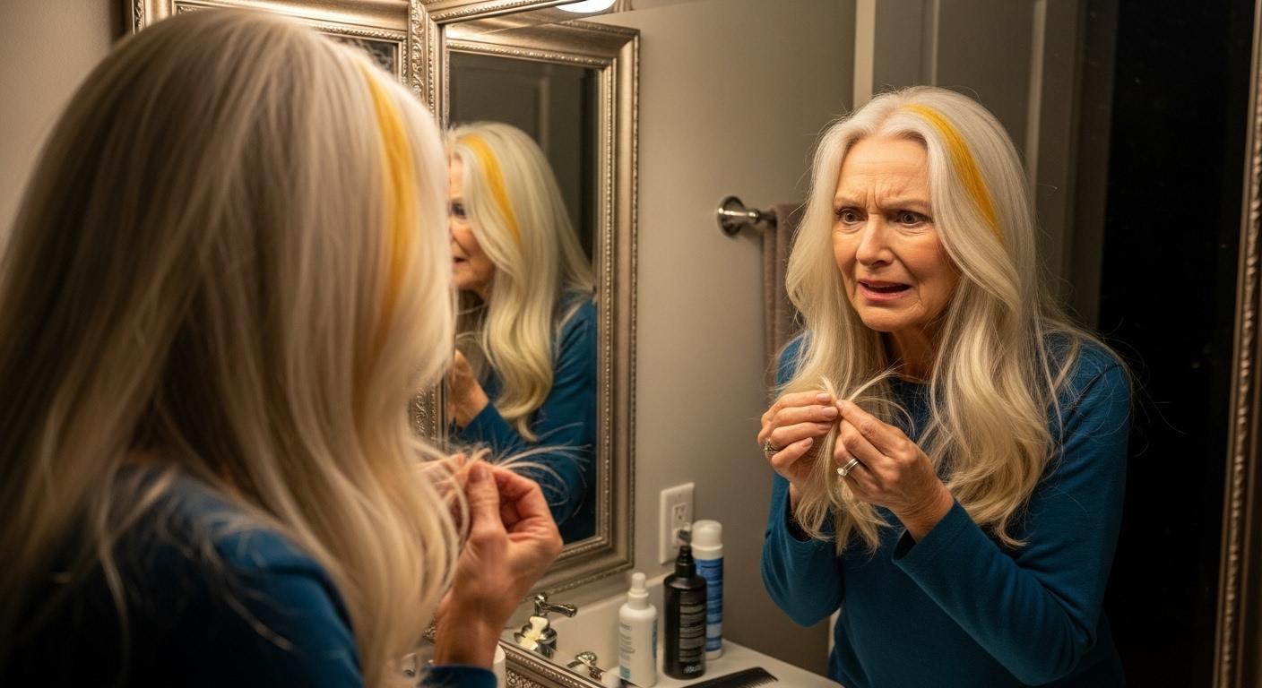 Une femme aux cheveux blancs, d’apparence mature, observe ses cheveux devant un miroir avec inquiétude, ses mèches arborant des reflets jaunes cuivrés, le visage marqué par la gêne.