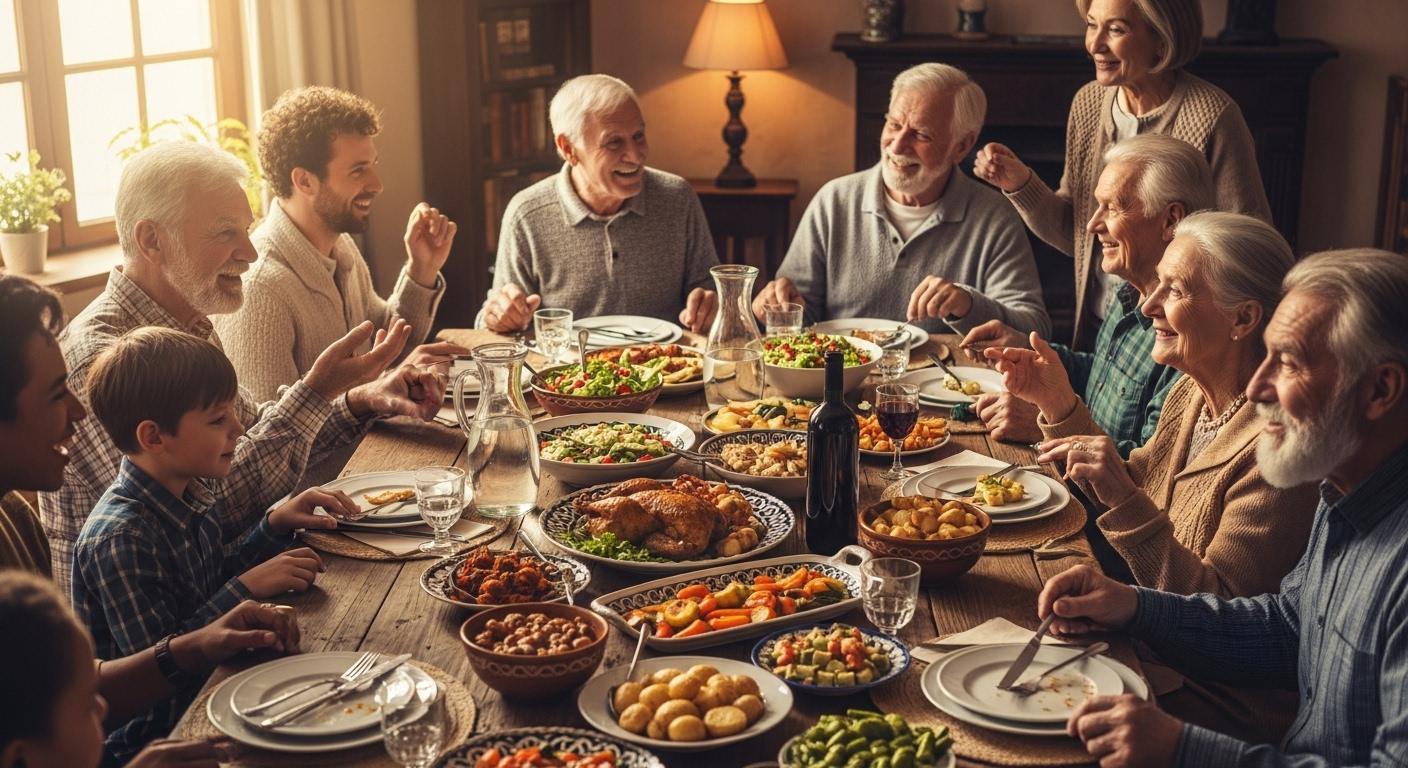 Famille réunie autour d’une grande table conviviale pour un repas du dimanche, ambiance chaleureuse, plusieurs générations partagent un moment complice, visages souriants, plats traditionnels au centre de la table.