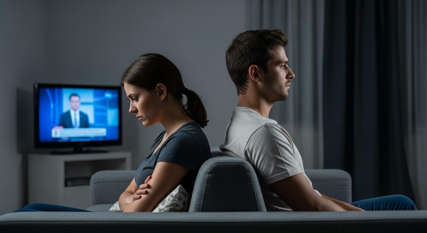 Deux partenaires assis côte à côte sur un canapé, regards fuyants et expressions fermées, ambiance tendue, télé allumée en fond mais personne ne se parle, sentiment de distance palpable.