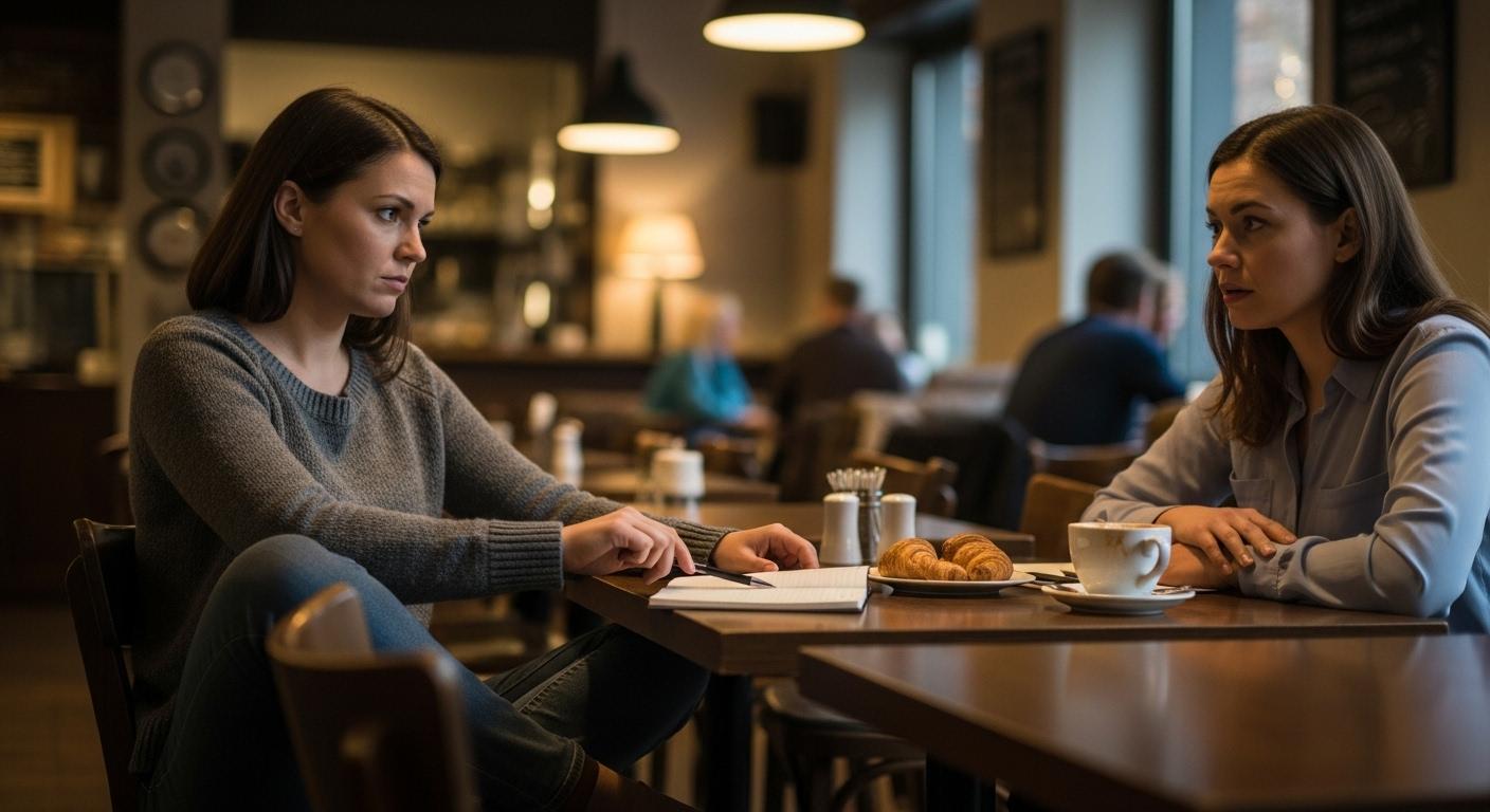 Une femme assise sur une chaise, croise et décroise les jambes, tapote un stylo et évite le regard de sa collègue, dans l’ambiance feutrée d’un café.