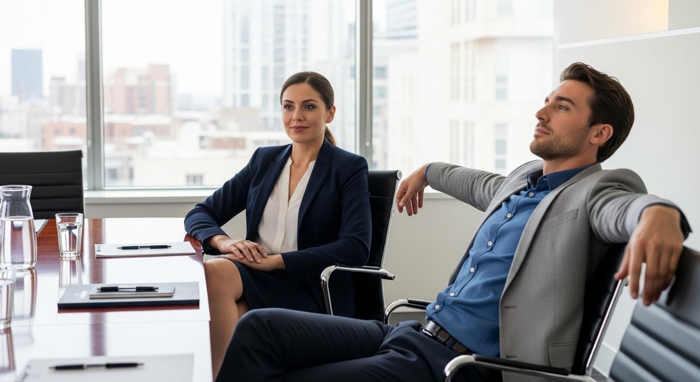 Une salle de réunion où une manager assise croise les jambes et garde les bras sur ses genoux, tandis qu’un collègue masculin à côté d’elle s’étale avec les bras écartés et le dos droit.