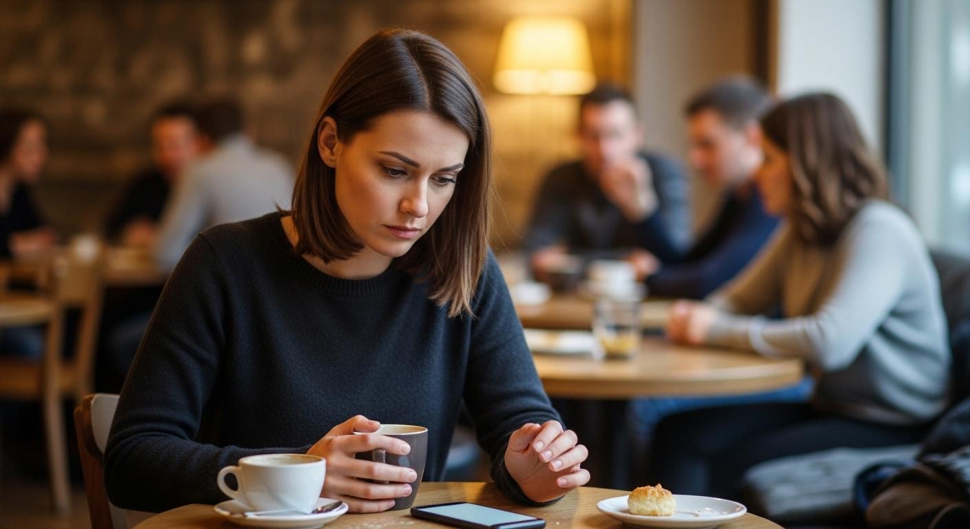 Une femme assise seule dans un café en fin de journée, regardant son téléphone posé sur la table, l’expression inquiète, alors que les autres clients discutent en arrière-plan.