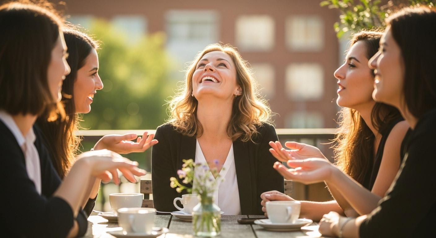 Un groupe d’amies riant ensemble en terrasse un après-midi, l’une d’elles relève la tête, souriante, entourée de discussions animées, ambiance bienveillante et légère.
