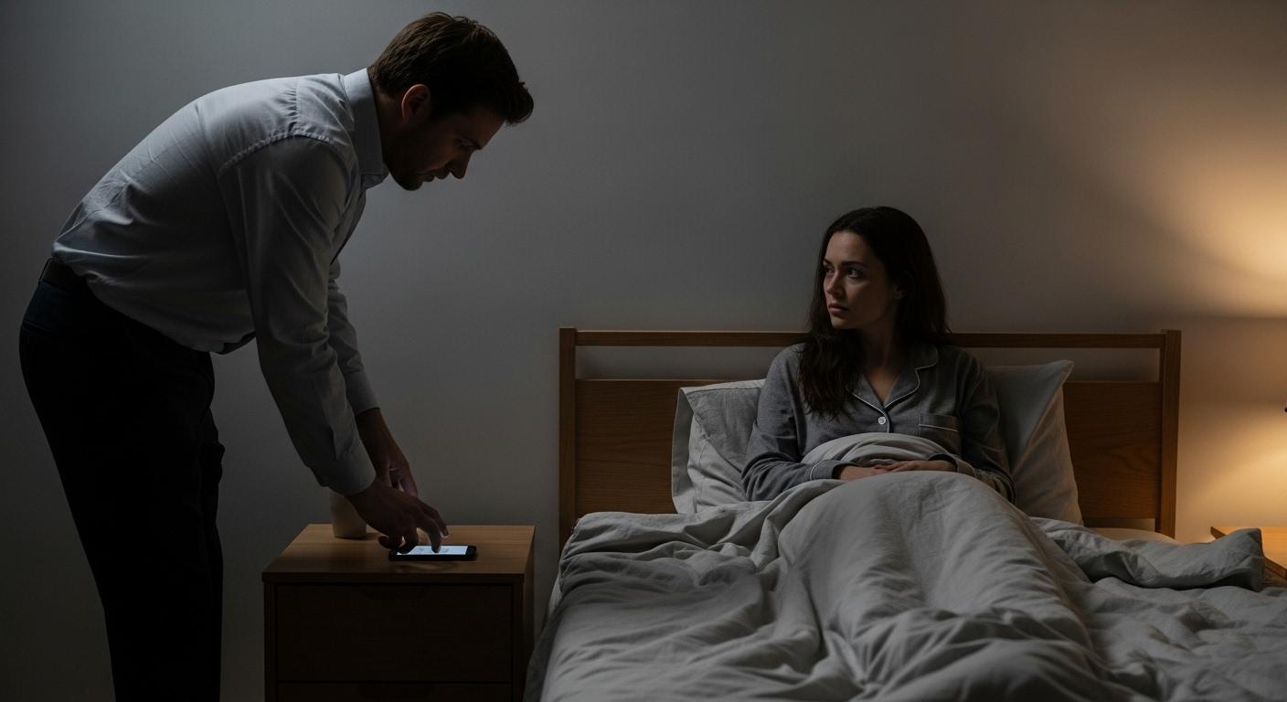 Dans une chambre à coucher tamisée, un homme rentre tard, pose discrètement son téléphone face contre la table de nuit, pendant qu’une femme assise sur le lit le regarde avec inquiétude.