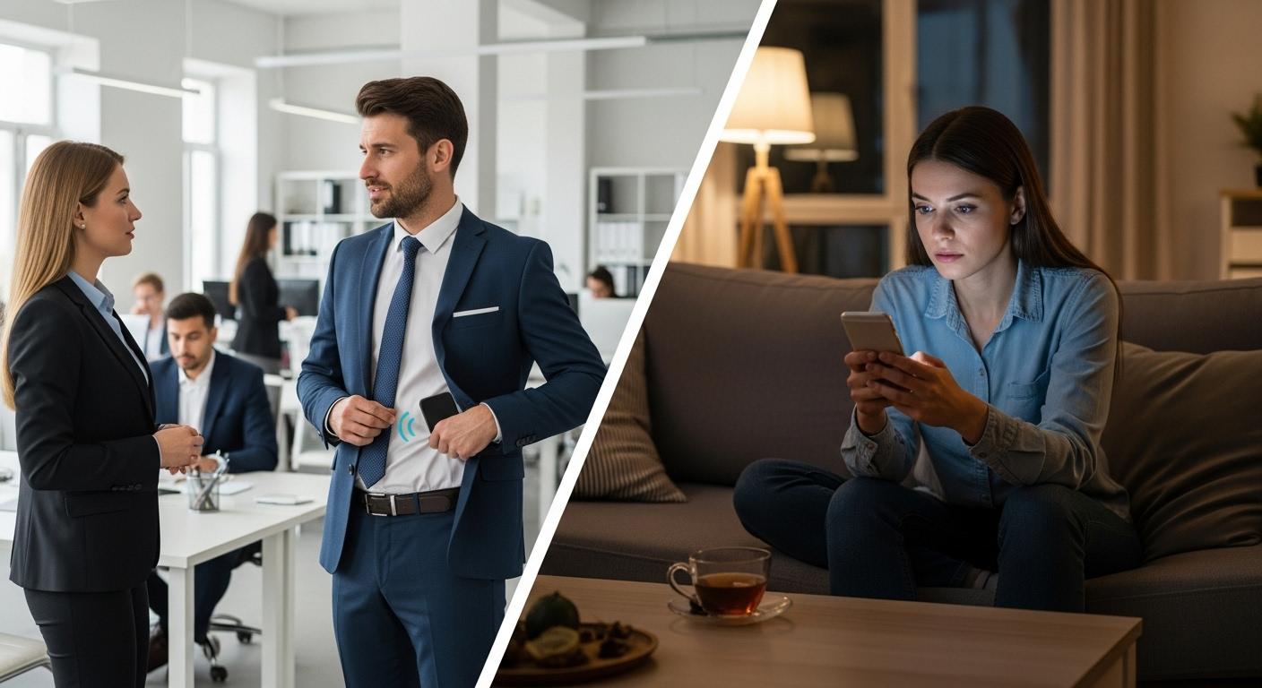 Un homme en costume discute avec une collègue dans un open space lumineux, tandis que son téléphone vibre dans sa poche et qu’une femme regarde pensivement des messages sur son propre téléphone, assise seule à la maison.