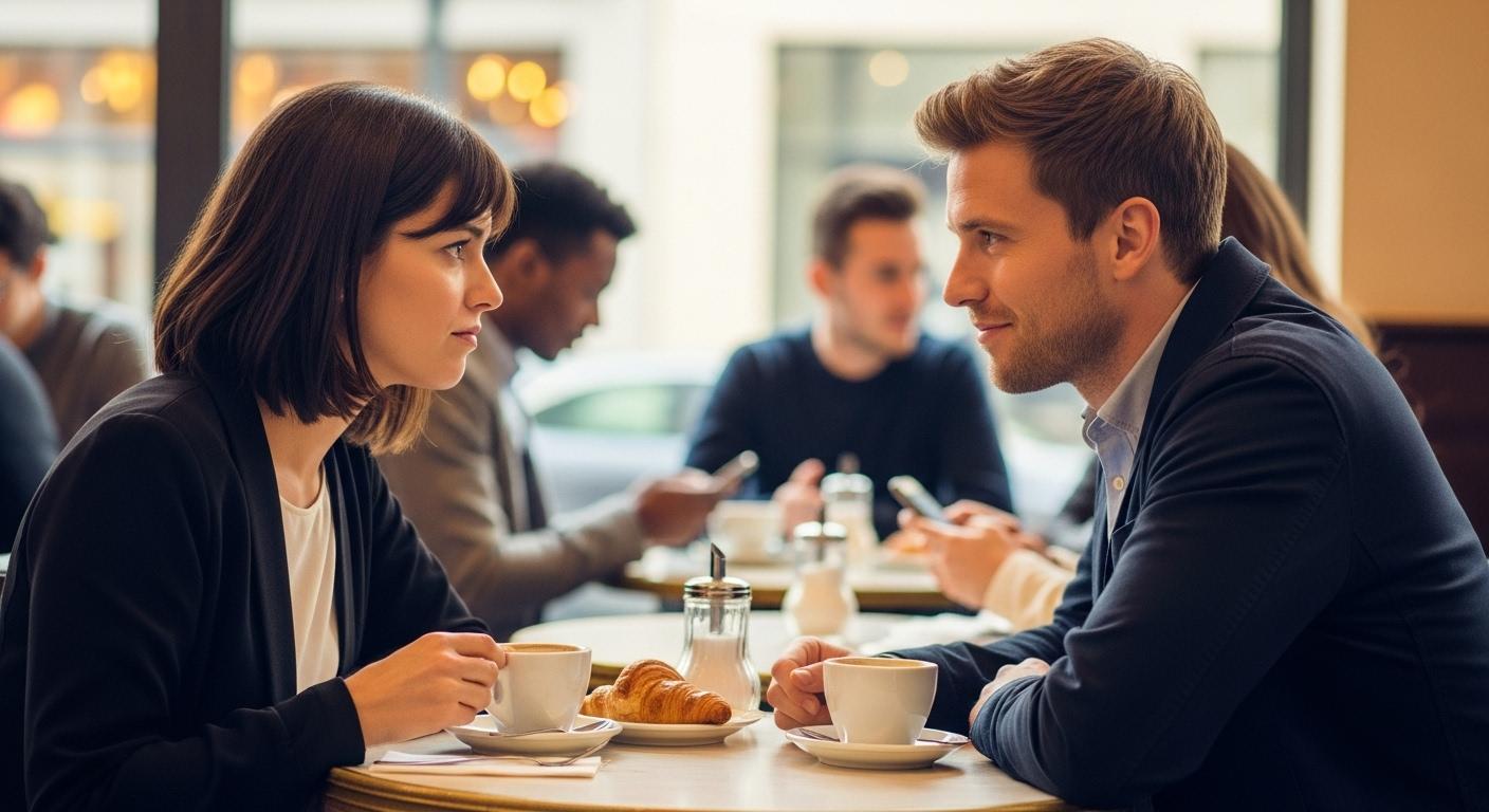 Deux personnes assises dans un café animé, échangeant des sourires et des regards furtifs au-dessus de leurs tasses de café, tandis que l’une d’elles semble hésiter à prendre la parole, créant une atmosphère pleine de tension et de doutes.
