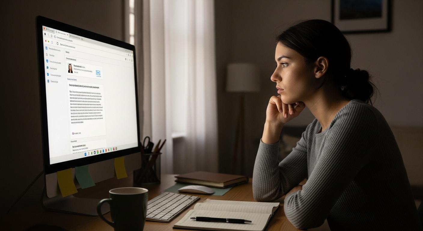 Une jeune femme assise à son bureau devant son ordinateur, visiblement pensive, fixant son écran de messagerie où le dernier message reçu reste sans réponse, tandis qu’une lumière tamisée éclaire la pièce en fin de journée, soulignant l’attente et l’incertitude.