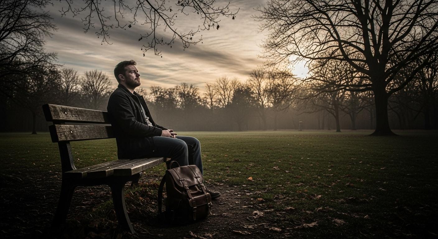 Un homme assis seul sur un banc dans un parc en fin de journée, regardant pensivement devant lui, un sac à dos posé à ses pieds, l'atmosphère mélancolique reflétant ses doutes et ses blessures du passé.