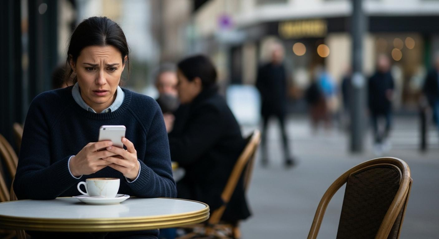 Une femme assise à une table de café en train de fixer son téléphone, l’air préoccupé, avec une tasse de café devant elle et une chaise vide en face, reflétant l’attente et l’incertitude face à l’absence de réponse de l’homme.