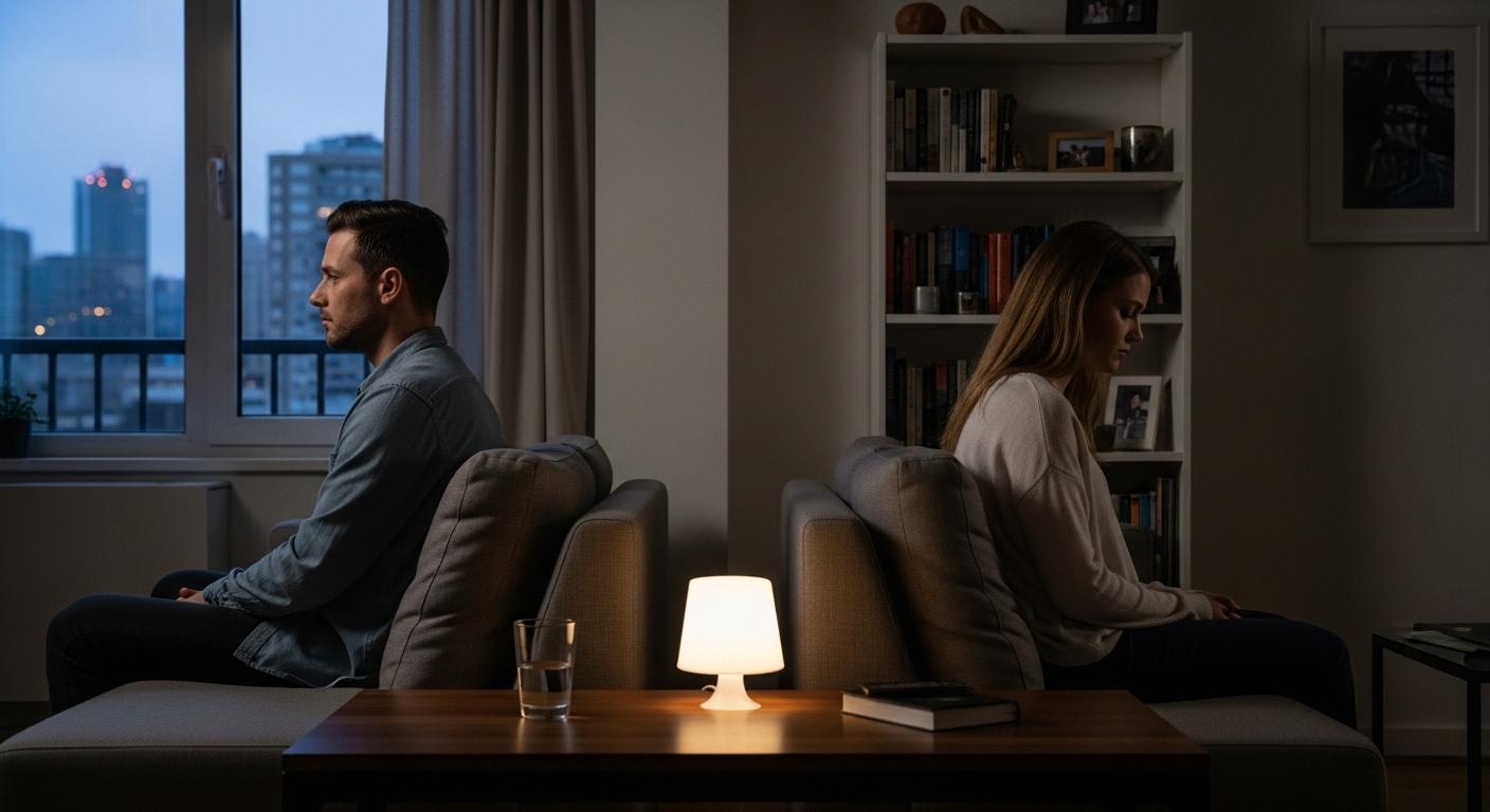 Deux personnes dans un appartement, chacune assise à une extrémité d’un canapé, regardant dans des directions opposées, la lumière tamisée accentuant la distance émotionnelle entre elles.