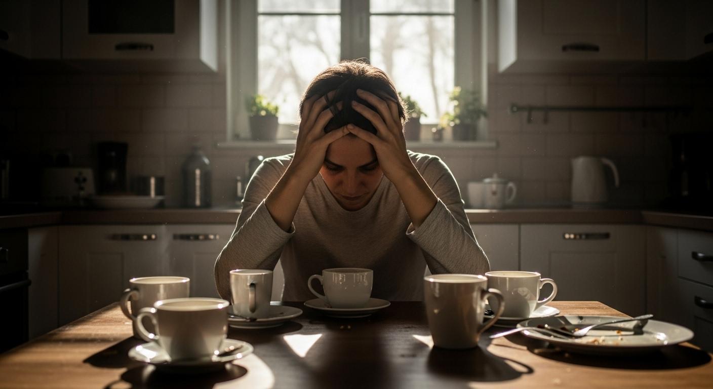 Une personne assise seule à une table de cuisine, la tête entre les mains, entourée de tasses de café vides, la lumière matinale filtrant à travers la fenêtre et accentuant la fatigue sur son visage.